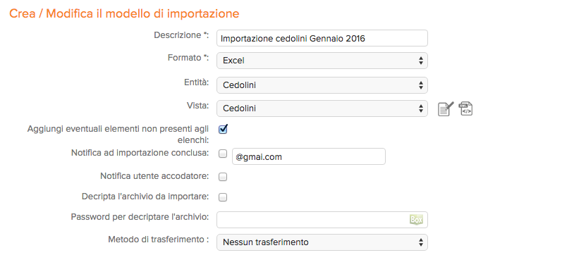 screenshot del sistema di importazione