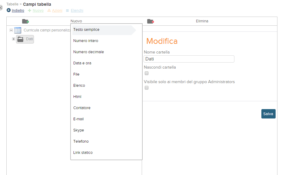 screenshot nuovo campo personalizzato
