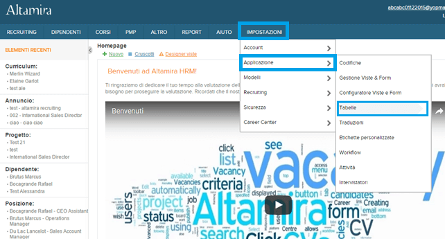 screenshot tabelle campi Altamira
