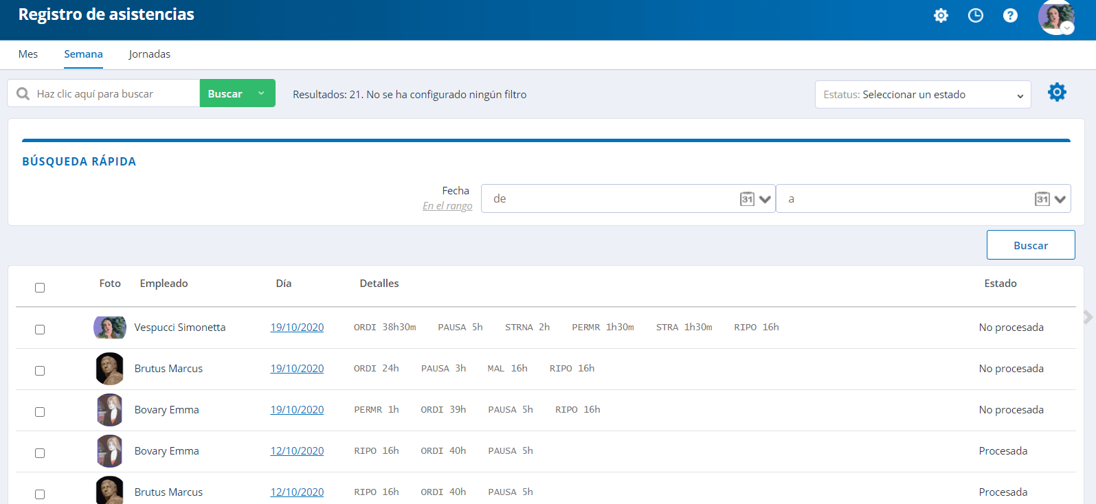 Ficha de asistencias - semana